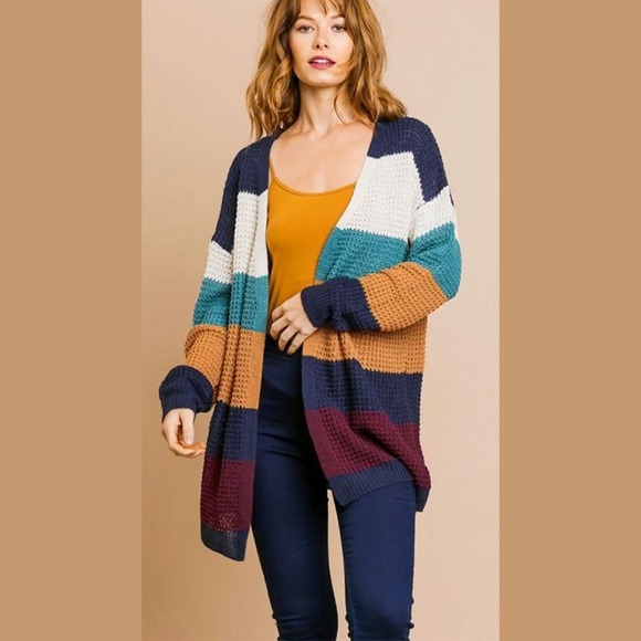Umgee Sweaters - Umgee Size S Striped Waffle Knit Cardigan Sweater Multicolor Boho Oversized Cozy